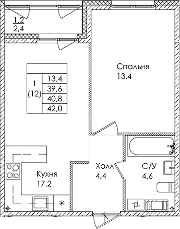 1-комнатная квартира 40.8 м², 7/9 эт., ЖК «Дзета»