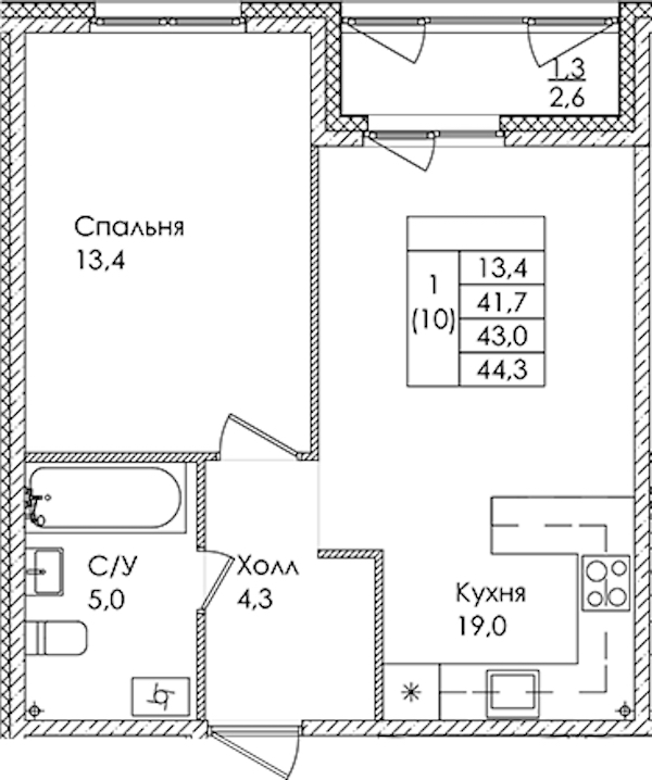 1-комнатная квартира 43 м², 1/9 эт., ЖК «Дзета»