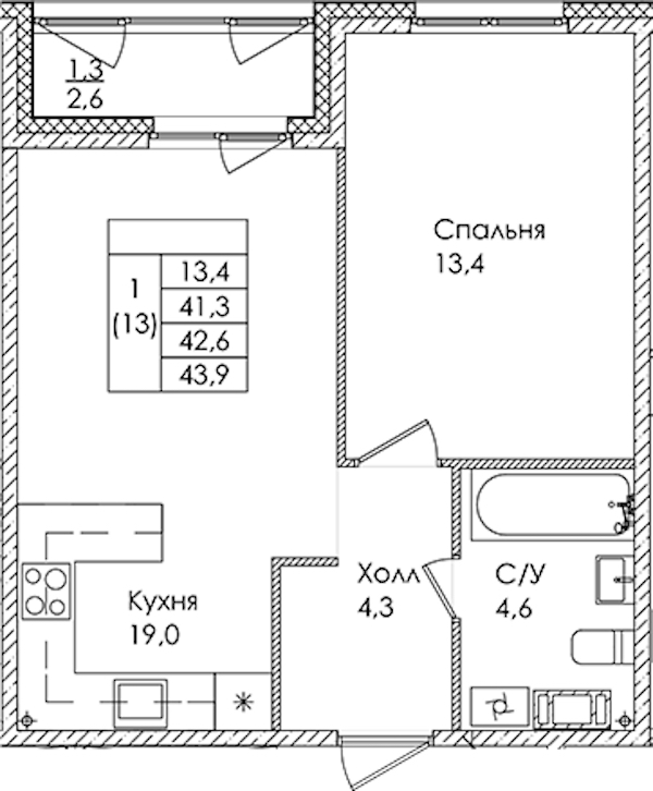 1-комнатная квартира 42.6 м², 8/9 эт., ЖК «Дзета»