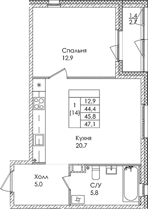 1-комнатная квартира 45.8 м², 8/9 эт., ЖК «Дзета»
