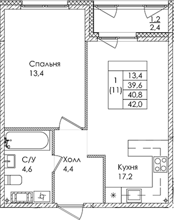 1-комнатная квартира 40.8 м², 8/9 эт., ЖК «Дзета»