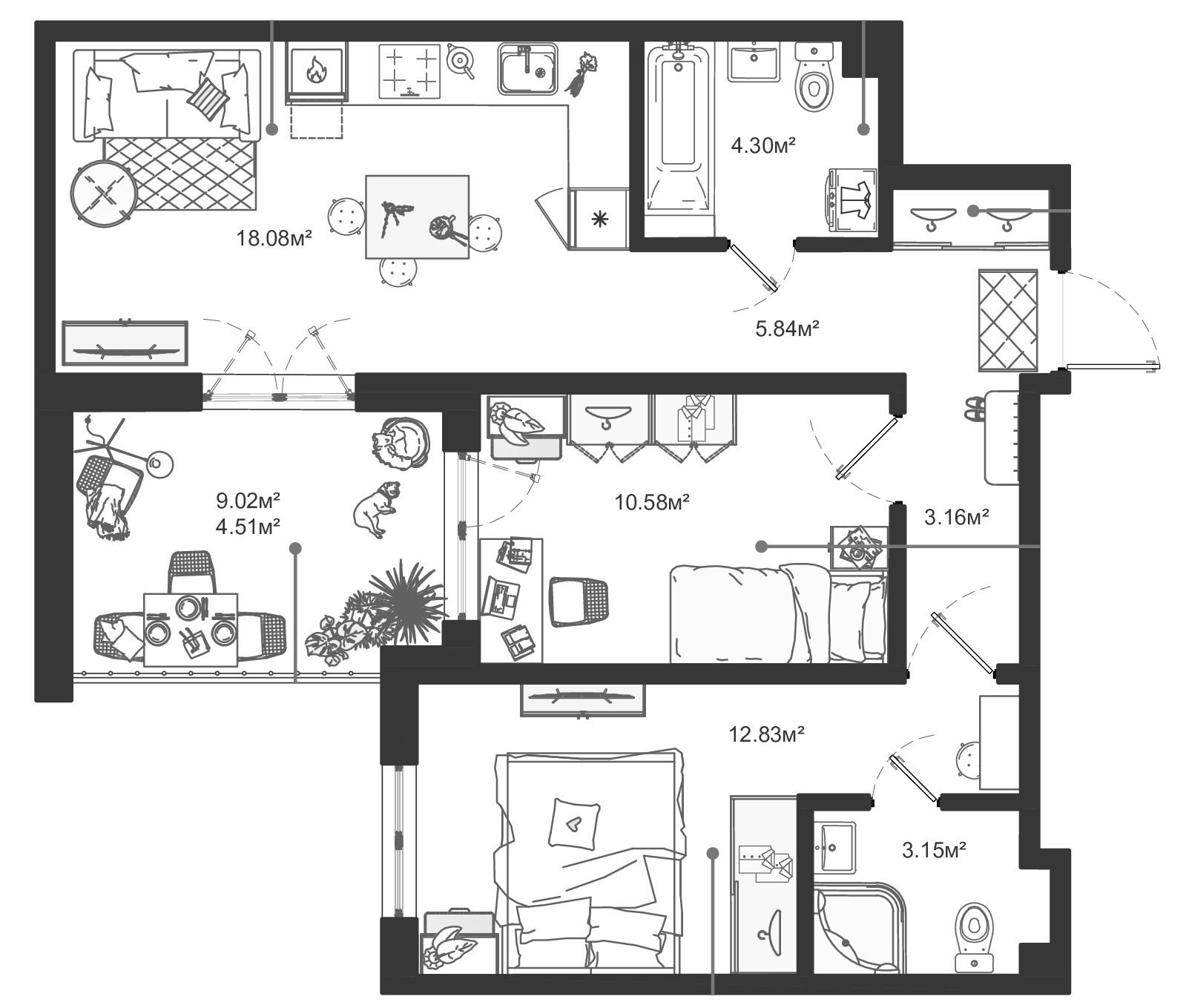 2-комнатная квартира 62.45 м², 7/12 эт., ЖК «ЛесART»