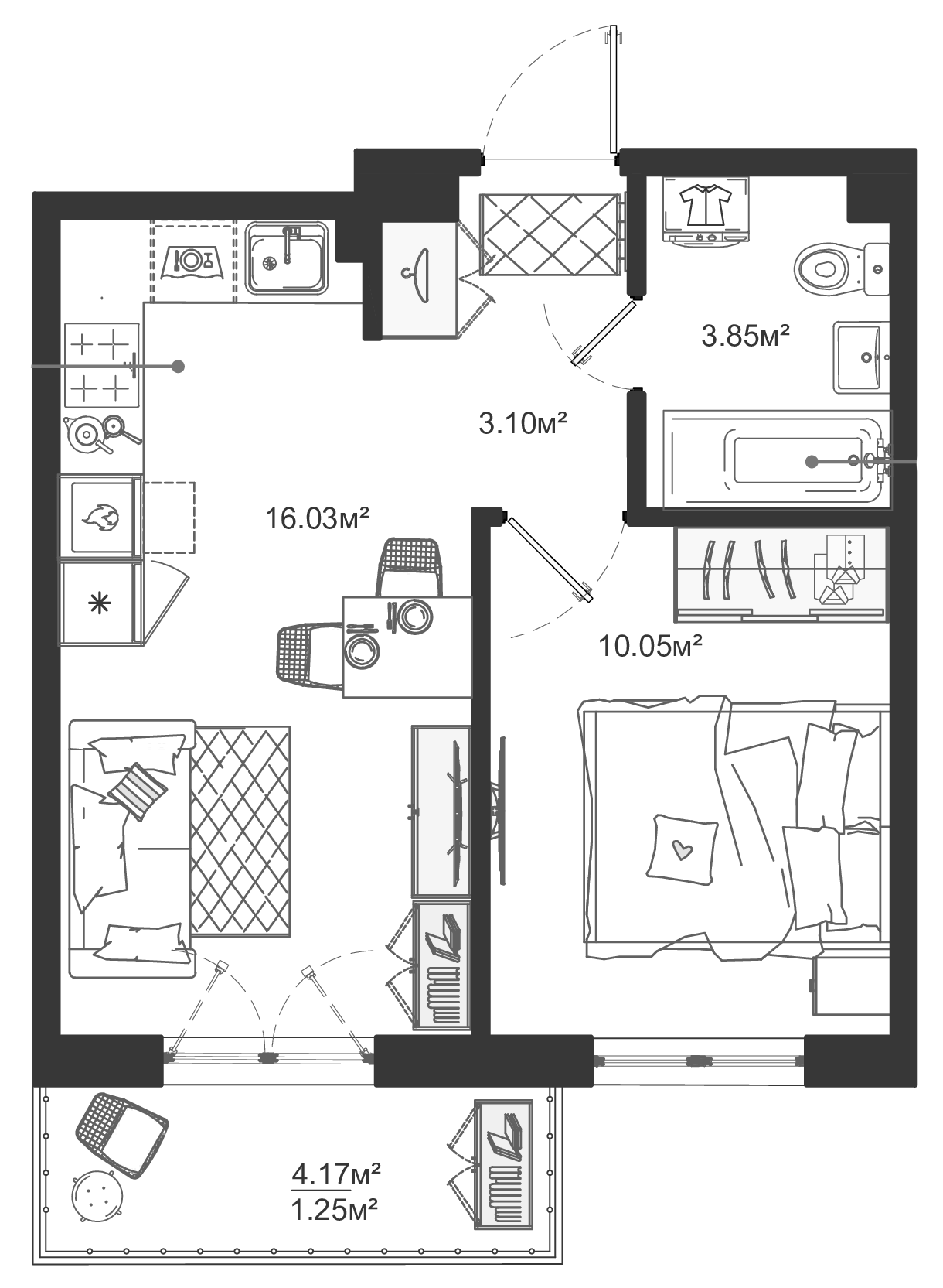1-комнатная квартира 34.28 м², 1/12 эт., ЖК «ЛесART»