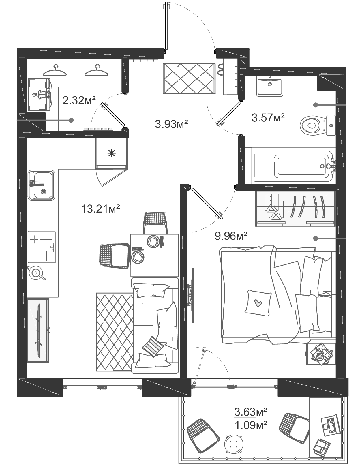 1-комнатная квартира 34.08 м², 2/12 эт., ЖК «ЛесART»