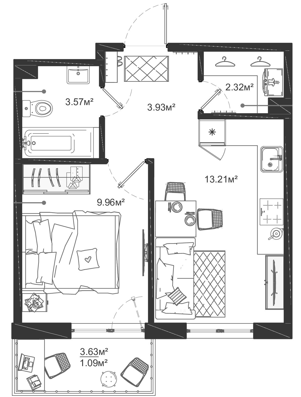 1-комнатная квартира 34.08 м², 7/12 эт., ЖК «ЛесART»