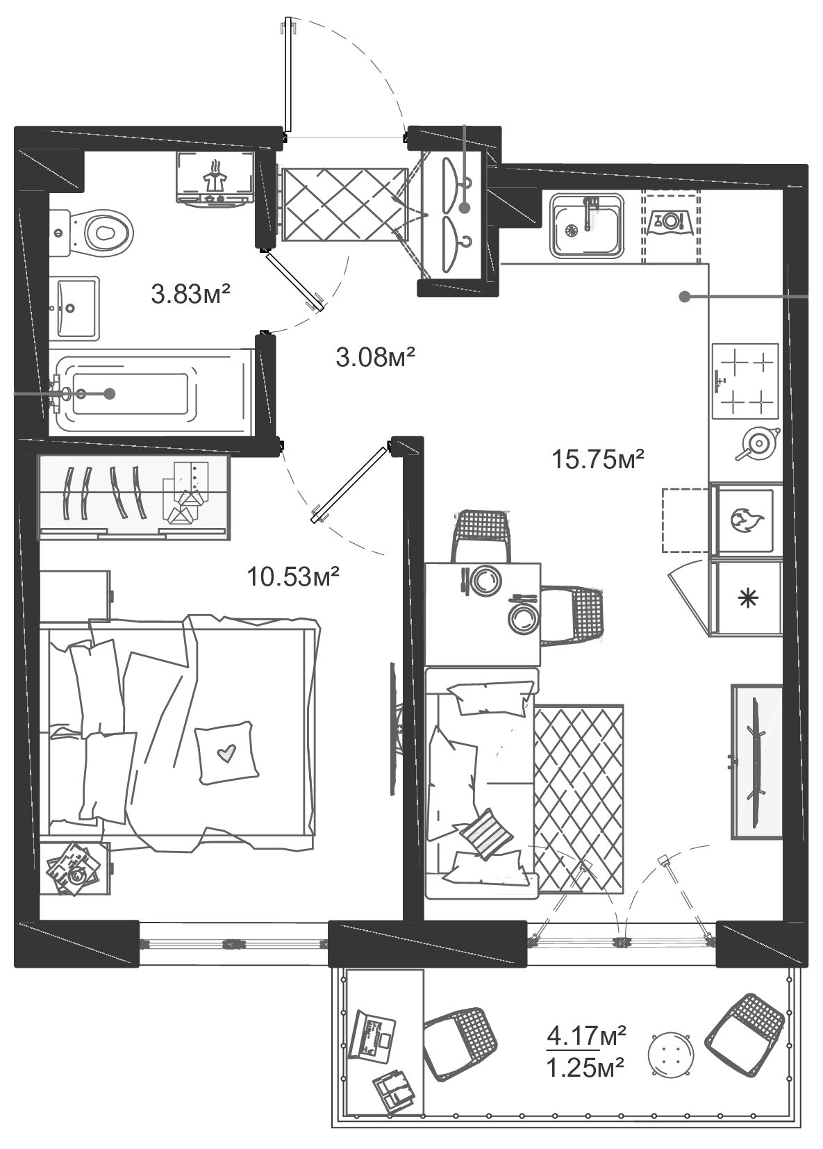 1-комнатная квартира 34.44 м², 7/12 эт., ЖК «ЛесART»