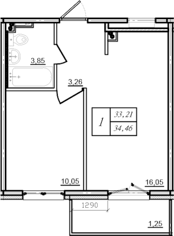 1-комнатная квартира 34.46 м², 7/12 эт., ЖК «ЛесART»