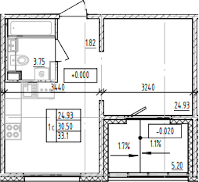 Квартира студия 33.1 м², 1/12 эт., ЖК «ЛесART»