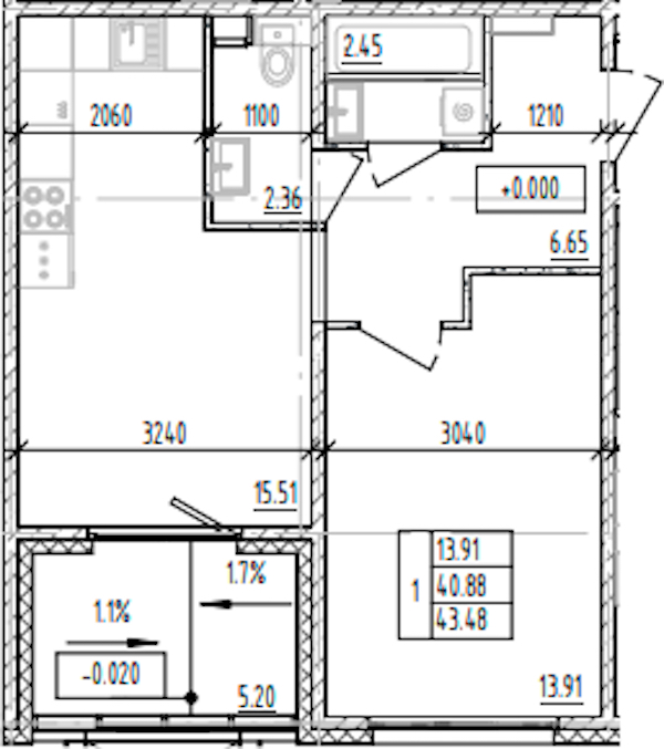 1-комнатная квартира 43.48 м², 1/12 эт., ЖК «ЛесART»