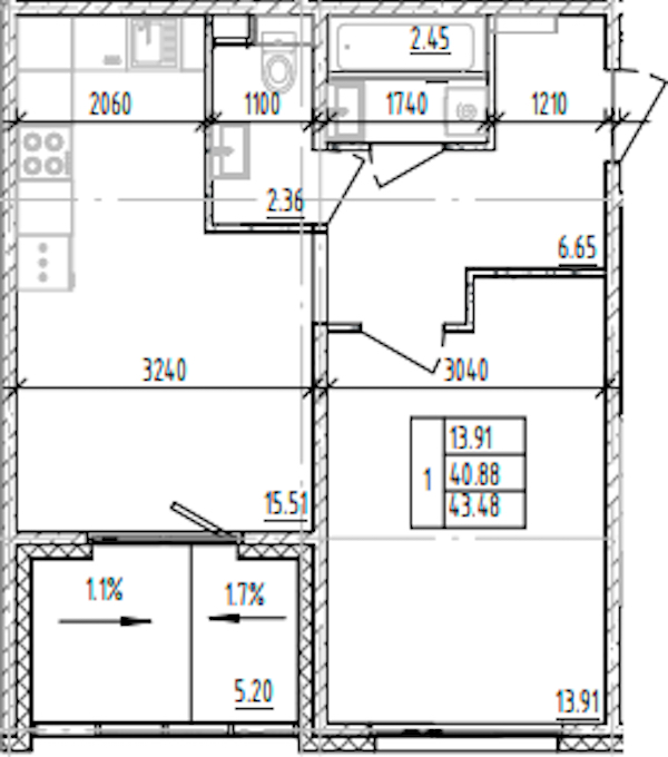 1-комнатная квартира 43.48 м², 7/12 эт., ЖК «ЛесART»