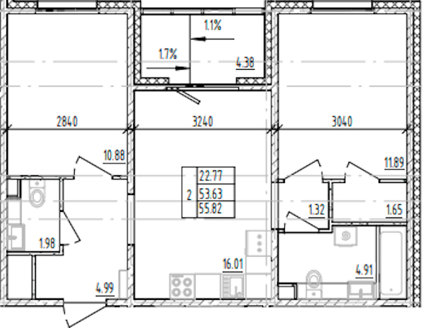 2-комнатная квартира 55.82 м², 8/12 эт., ЖК «ЛесART»