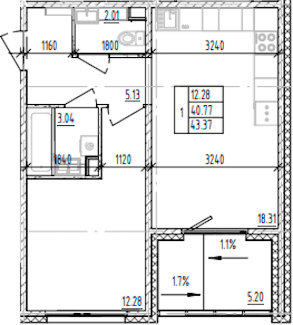 1-комнатная квартира 43.37 м², 8/12 эт., ЖК «ЛесART»