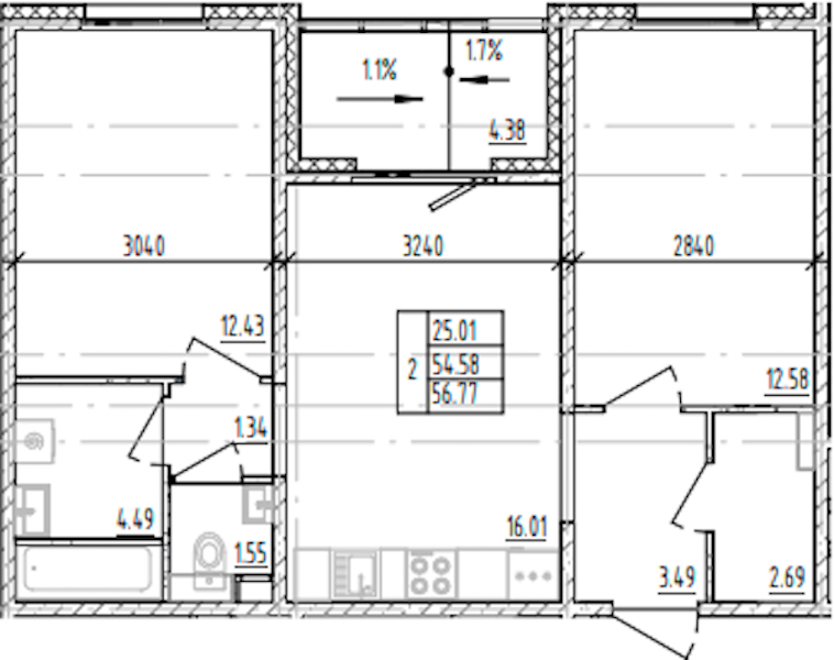 2-комнатная квартира 56.77 м², 8/12 эт., ЖК «ЛесART»