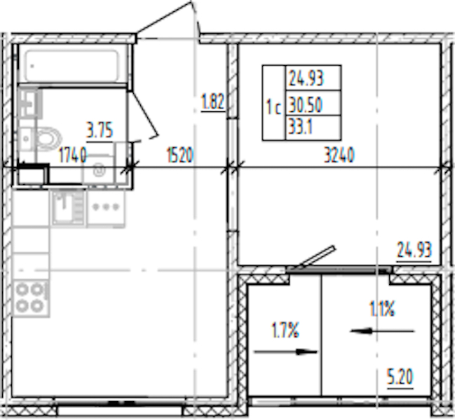 Квартира студия 33.1 м², 9/12 эт., ЖК «ЛесART»