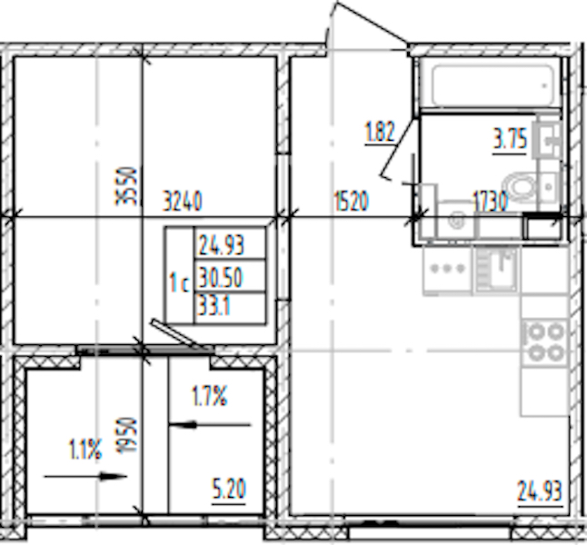 Квартира студия 33.1 м², 2/12 эт., ЖК «ЛесART»