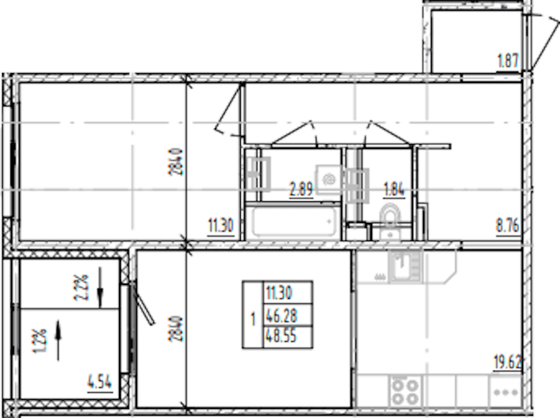 1-комнатная квартира 48.55 м², 7/12 эт., ЖК «ЛесART»