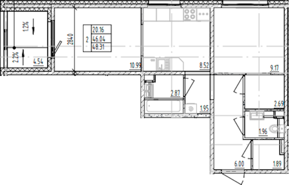 2-комнатная квартира 48.31 м², 7/12 эт., ЖК «ЛесART»