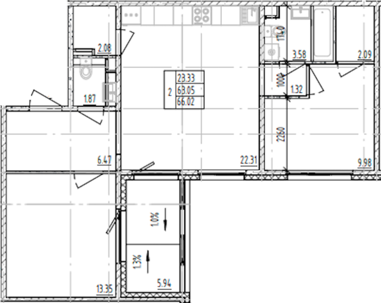 2-комнатная квартира 66.02 м², 4/12 эт., ЖК «ЛесART»