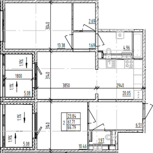2-комнатная квартира 66.79 м², 6/12 эт., ЖК «ЛесART»