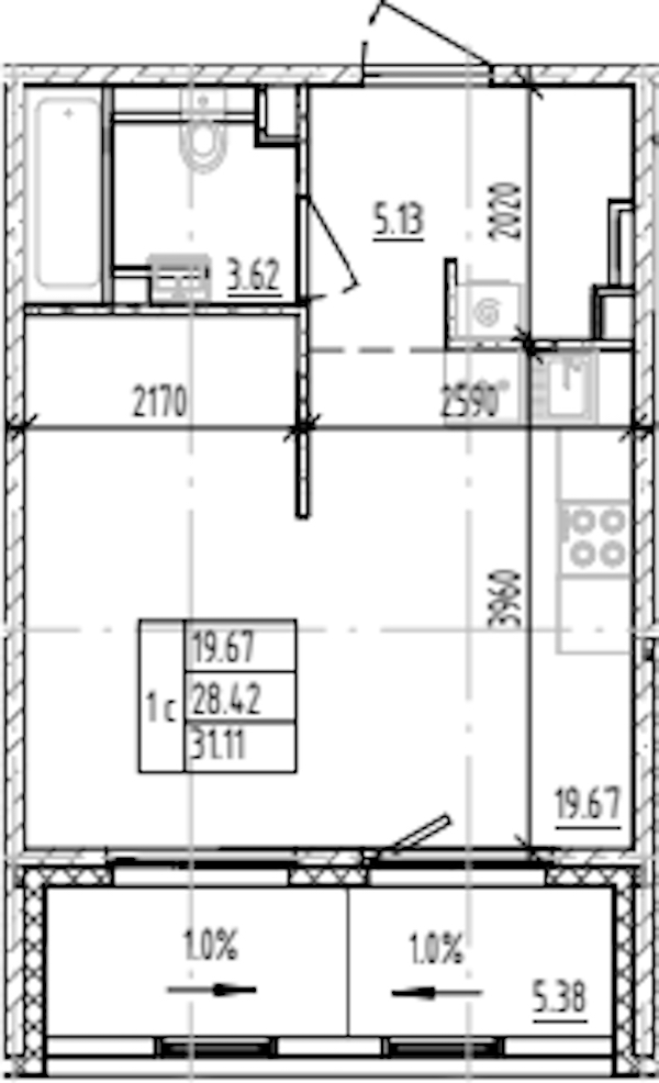 Квартира студия 31.11 м², 2/12 эт., ЖК «ЛесART»