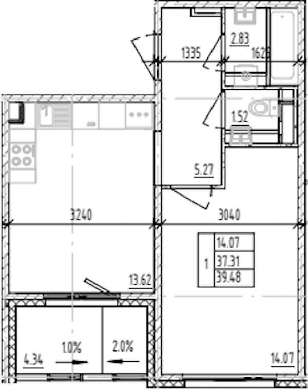 1-комнатная квартира 39.48 м², 6/12 эт., ЖК «ЛесART»