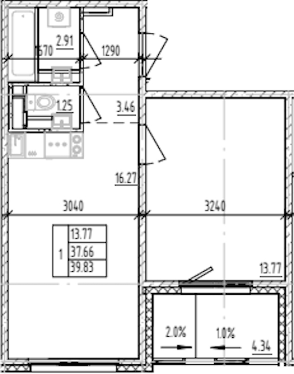1-комнатная квартира 39.83 м², 6/12 эт., ЖК «ЛесART»