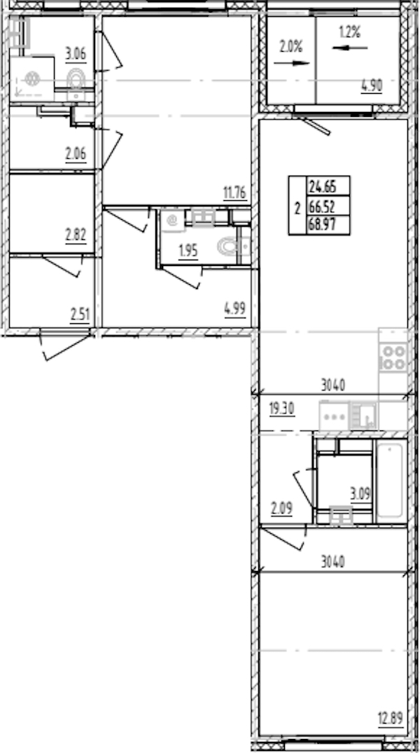 2-комнатная квартира 68.97 м², 8/12 эт., ЖК «ЛесART»
