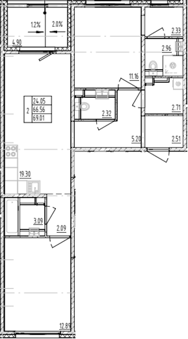 2-комнатная квартира 69.01 м², 11/12 эт., ЖК «ЛесART»