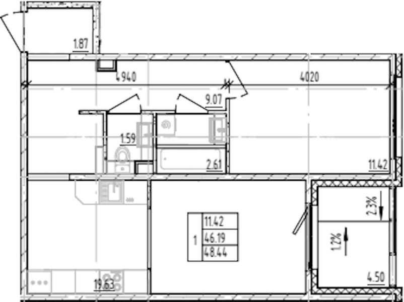 1-комнатная квартира 48.44 м², 2/12 эт., ЖК «ЛесART»