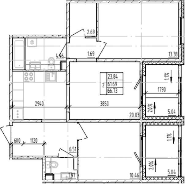 2-комнатная квартира 66.73 м², 3/12 эт., ЖК «ЛесART»