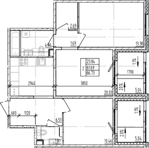 2-комнатная квартира 66.73 м², 6/12 эт., ЖК «ЛесART»