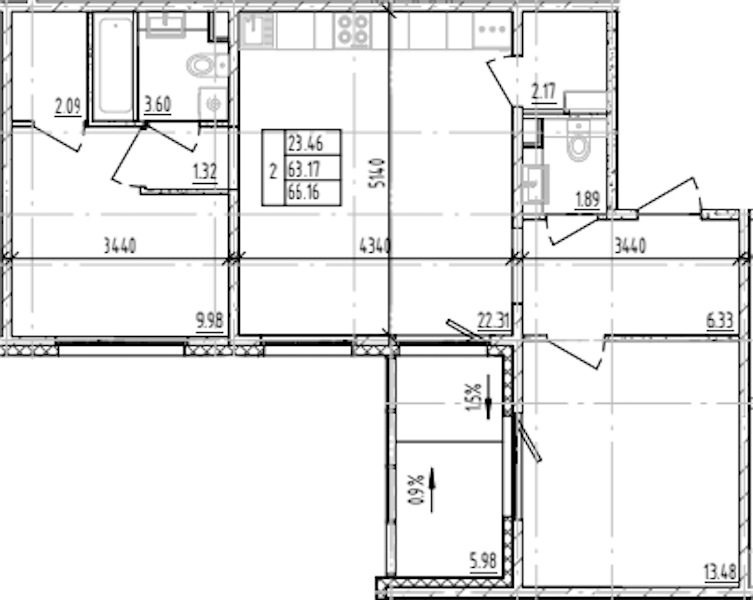 2-комнатная квартира 66.16 м², 7/12 эт., ЖК «ЛесART»