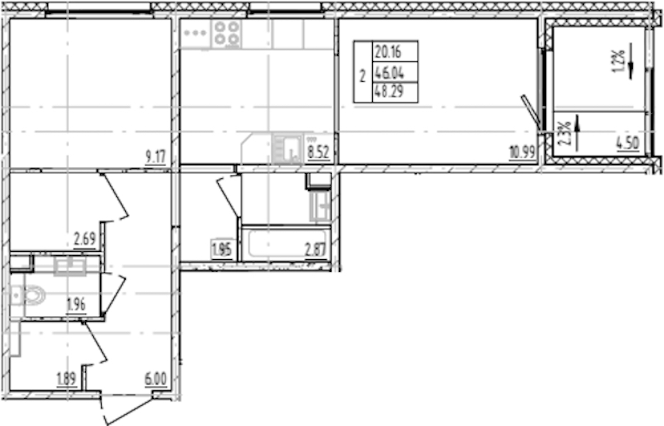 2-комнатная квартира 48.29 м², 8/12 эт., ЖК «ЛесART»