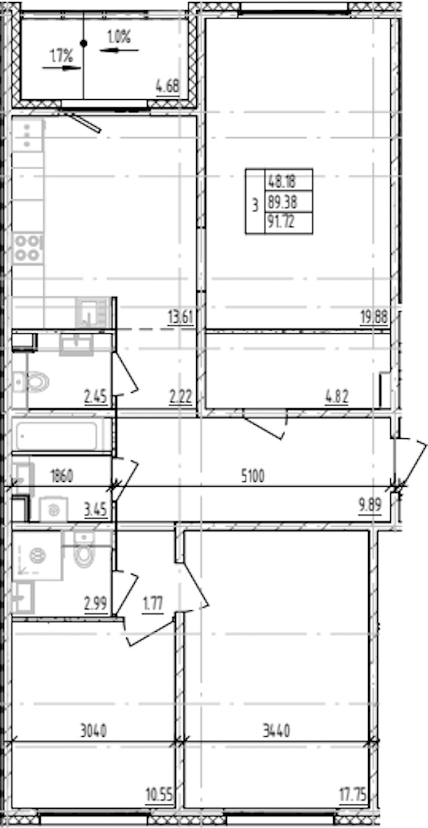 3-комнатная квартира 91.72 м², 8/12 эт., ЖК «ЛесART»