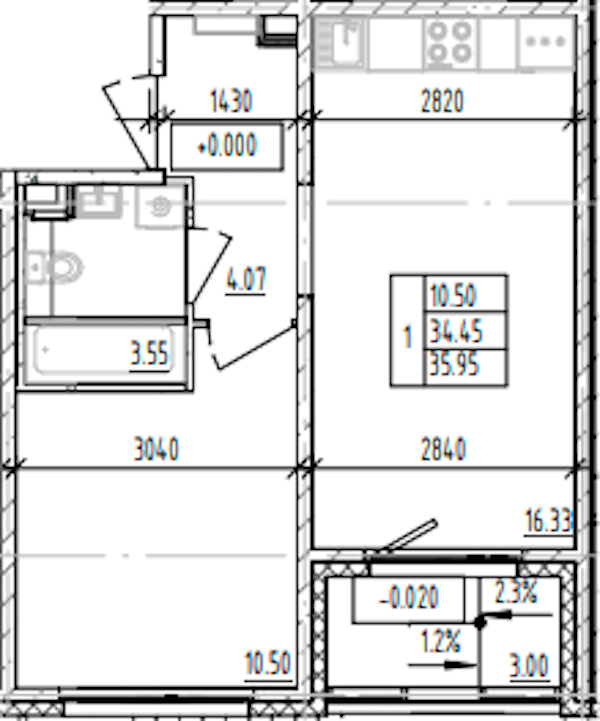 1-комнатная квартира 35.95 м², 1/12 эт., ЖК «ЛесART»