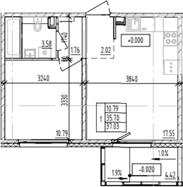 1-комнатная квартира 37.03 м², 1/12 эт., ЖК «ЛесART»