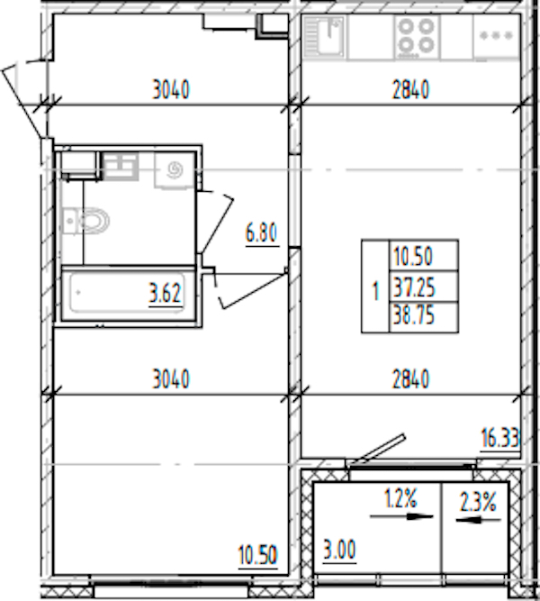 1-комнатная квартира 38.75 м², 2/12 эт., ЖК «ЛесART»