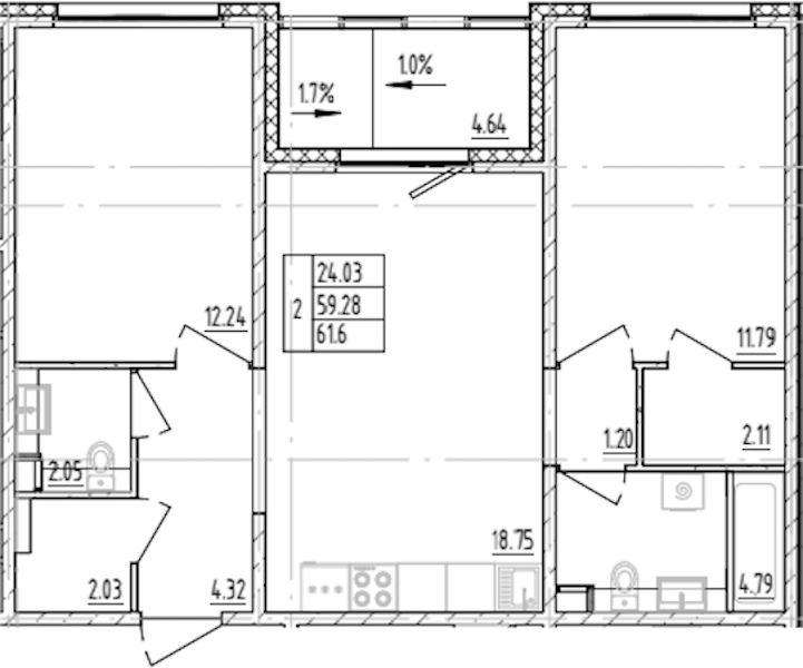 2-комнатная квартира 61.6 м², 6/12 эт., ЖК «ЛесART»