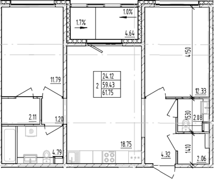 2-комнатная квартира 61.75 м², 7/12 эт., ЖК «ЛесART»