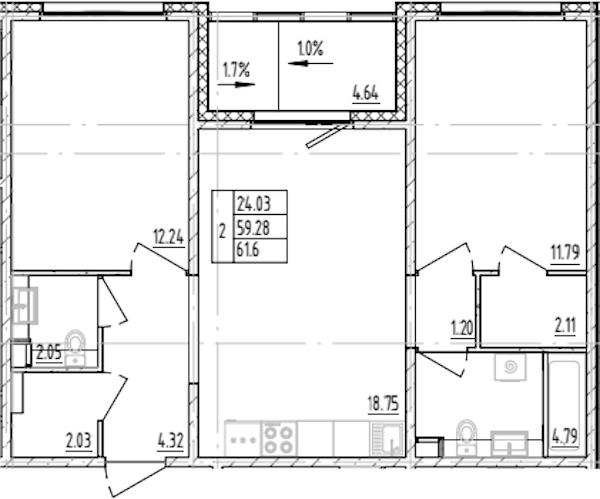 2-комнатная квартира 61.6 м², 8/12 эт., ЖК «ЛесART»
