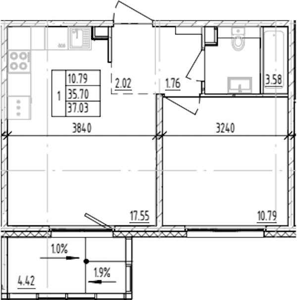 1-комнатная квартира 37.03 м², 8/12 эт., ЖК «ЛесART»
