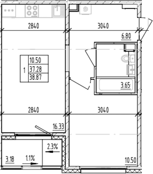 1-комнатная квартира 38.87 м², 9/12 эт., ЖК «ЛесART»