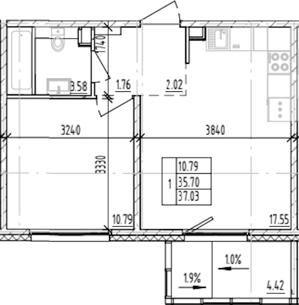 1-комнатная квартира 37.03 м², 10/12 эт., ЖК «ЛесART»