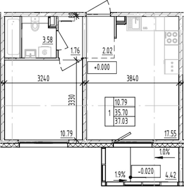 1-комнатная квартира 37.03 м², 1/12 эт., ЖК «ЛесART»