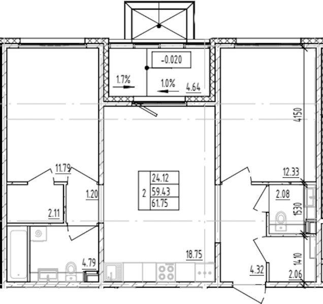 2-комнатная квартира 61.75 м², 1/12 эт., ЖК «ЛесART»