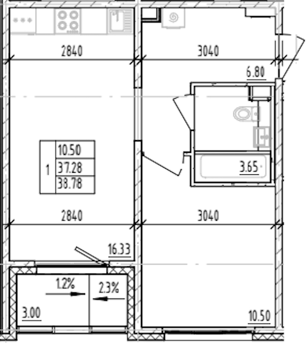 1-комнатная квартира 38.78 м², 3/12 эт., ЖК «ЛесART»