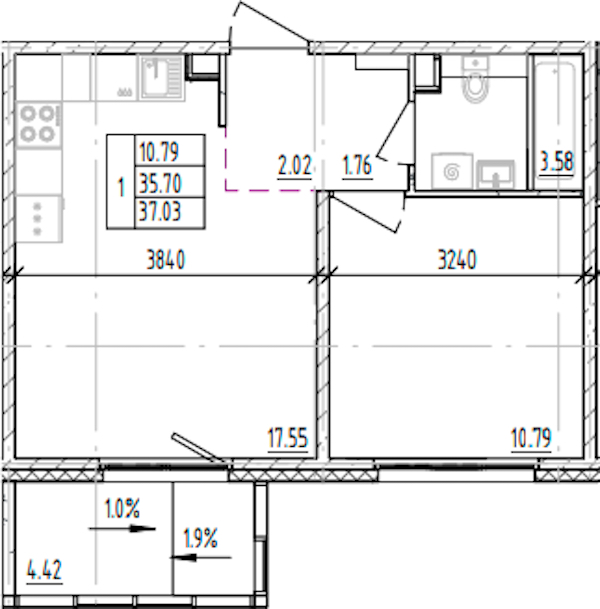 1-комнатная квартира 37.03 м², 6/12 эт., ЖК «ЛесART»