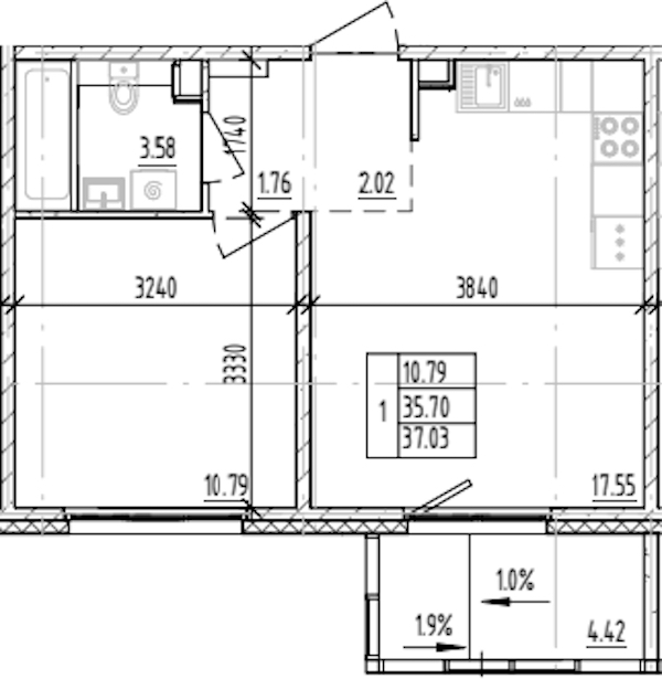 1-комнатная квартира 37.03 м², 6/12 эт., ЖК «ЛесART»