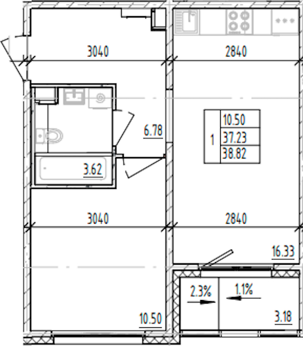 1-комнатная квартира 38.82 м², 7/12 эт., ЖК «ЛесART»