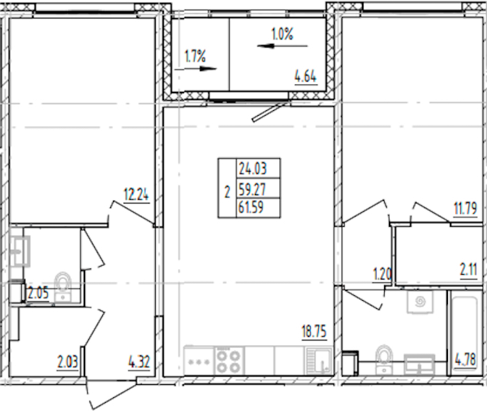 2-комнатная квартира 61.59 м², 8/12 эт., ЖК «ЛесART»